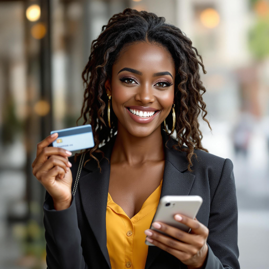 Naira Payments - Professional woman with credit card and smartphone